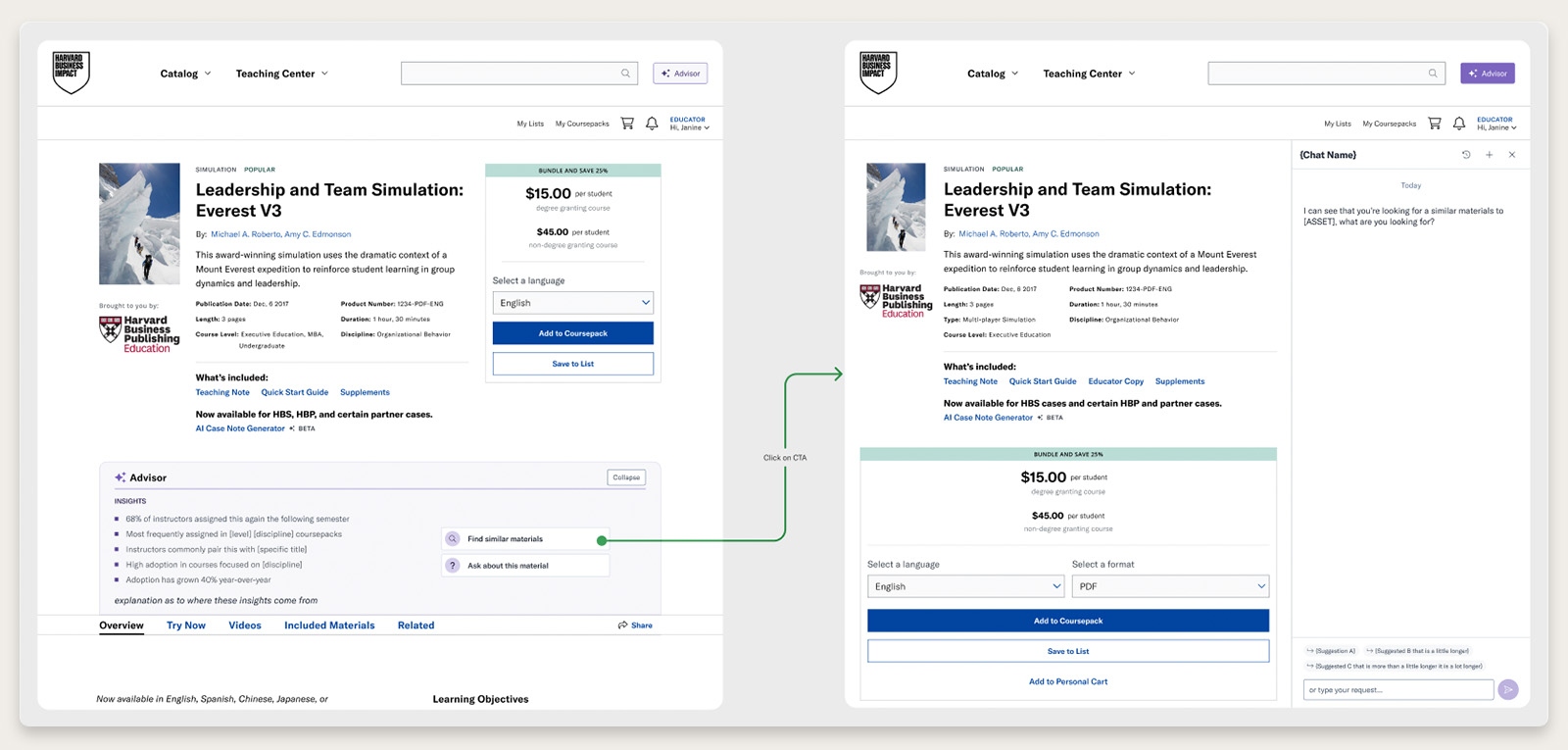 Open Advisor button and Search with Advisor banner on a product page — the two primary entry points into the AI Advisor experience