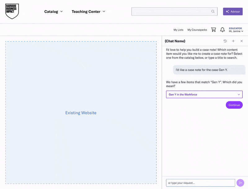 Animated prototype of Version A: the Advisor immediately generates a complete case note, which the educator then refines through follow-up chat