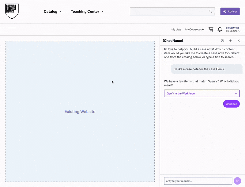 Animated prototype of Version B: the Advisor leads a short planning conversation to confirm goals and structure before generating the note