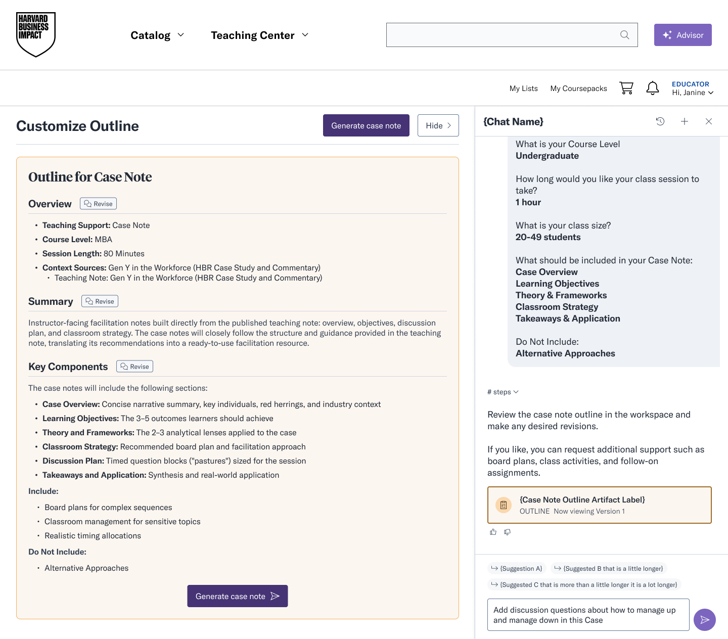 Updated Outline screen showing the Customize Outline workspace with yellow-accented artifact card labeled OUTLINE, section-level Revise buttons on Overview, Summary, and Key Components, and a Generate case note call to action
