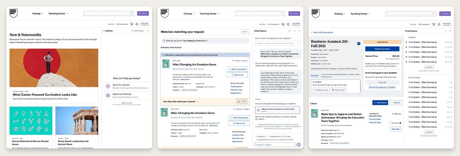 AI Advisor side panel shown in three states — empty, active conversation, and history view — anchored alongside a product page