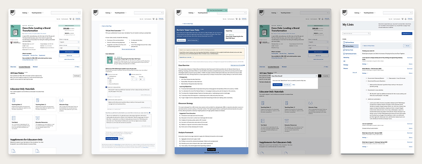 AI Case Notes beta UI: five-screen generation flow from entry point through customization input, generated note, and save or export