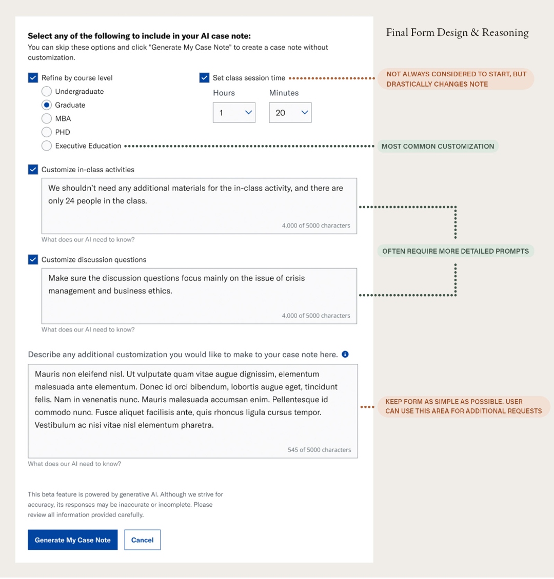 Customization input form for AI Case Notes: annotated fields for course level, discussion goals, and teaching style, with design rationale callouts