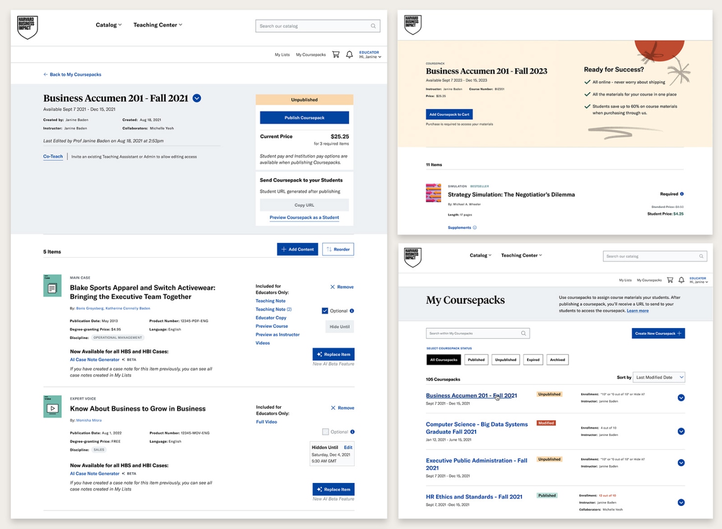 Final redesigned Coursepacks UI: Coursepack detail page, student-facing view, and the My Coursepacks list — the three core screens from the redesign