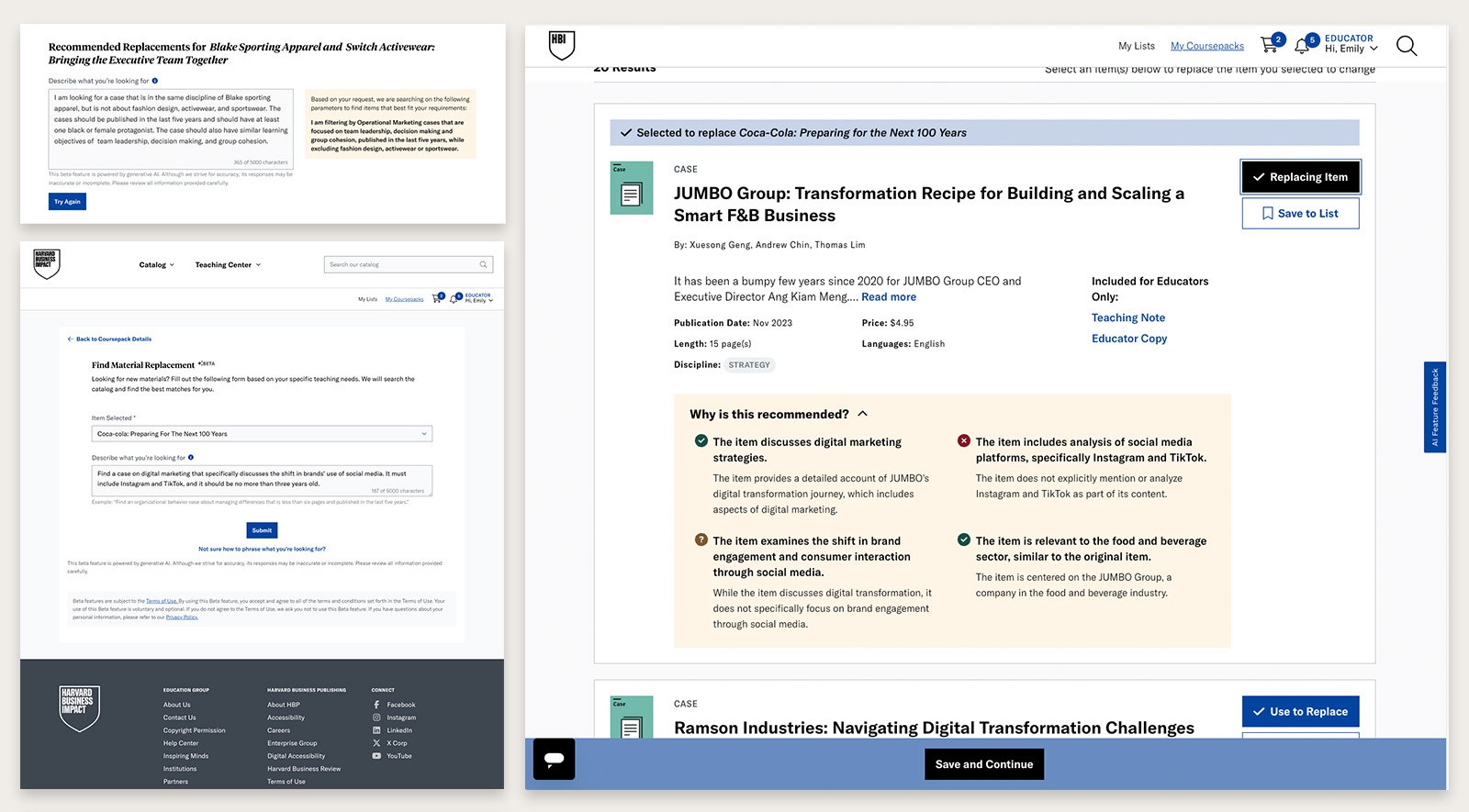 Prototype screens: Find Material Replacement form with natural-language input, and AI results panel with case cards and recommendation reasoning