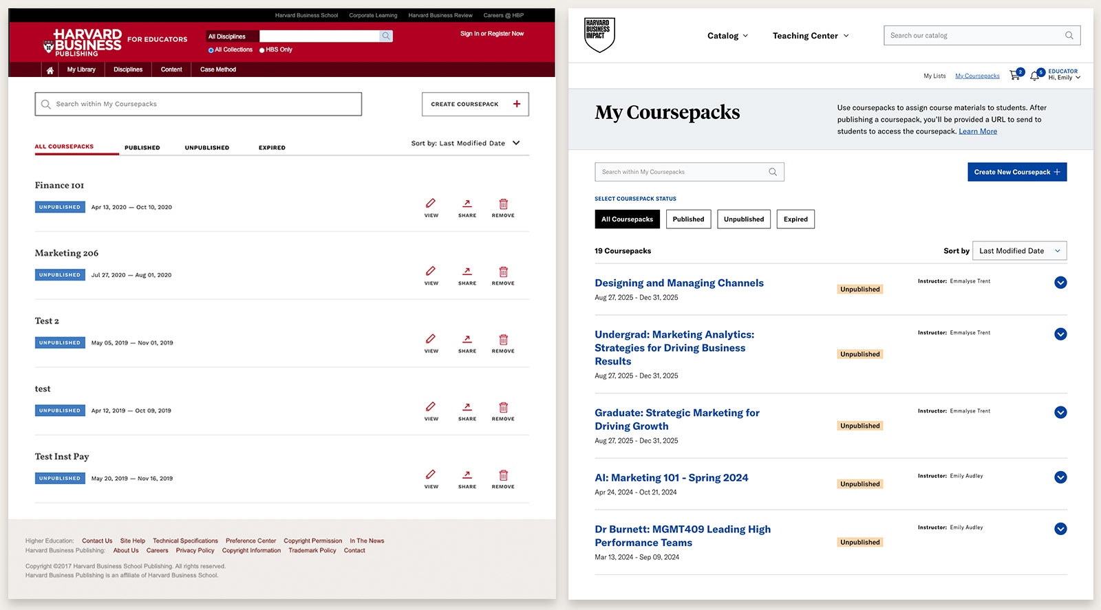 Before-and-after: original My Coursepacks list with inconsistent layout versus the redesigned version built on the new HBP design system