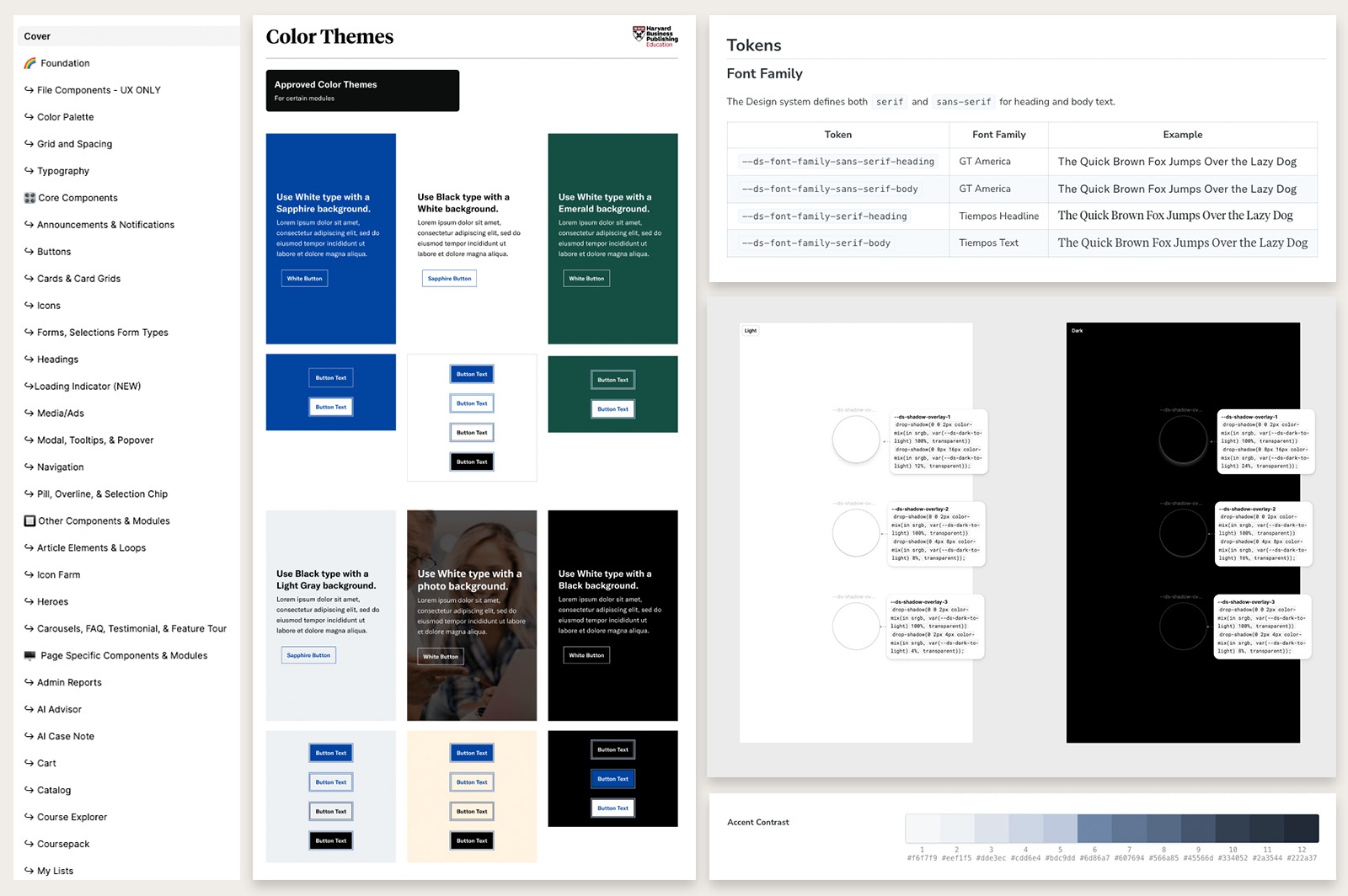 HBP design system: approved color themes, typography tokens with GT America and Tiempos typefaces, and shadow tokens in light and dark modes