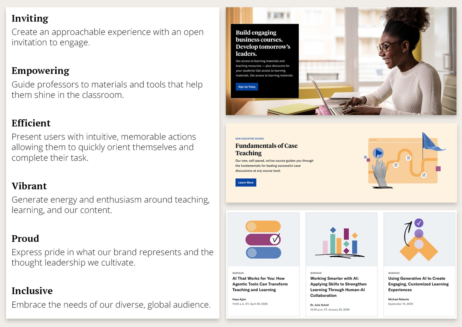HBP brand principles — Inviting, Empowering, Efficient, Vibrant, Proud, and Inclusive — each defined alongside live site examples