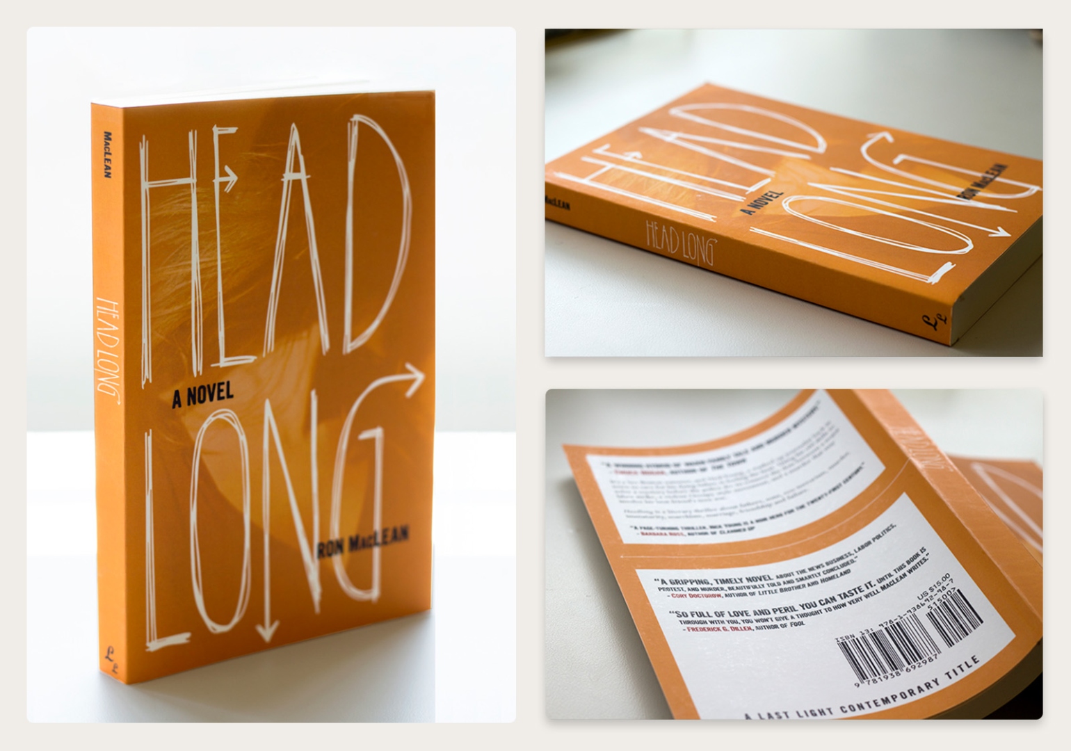 Headlong by Ron MacLean: bold orange jacket with hand-lettered title treatment — front cover, spine detail, and back cover with praise quotes