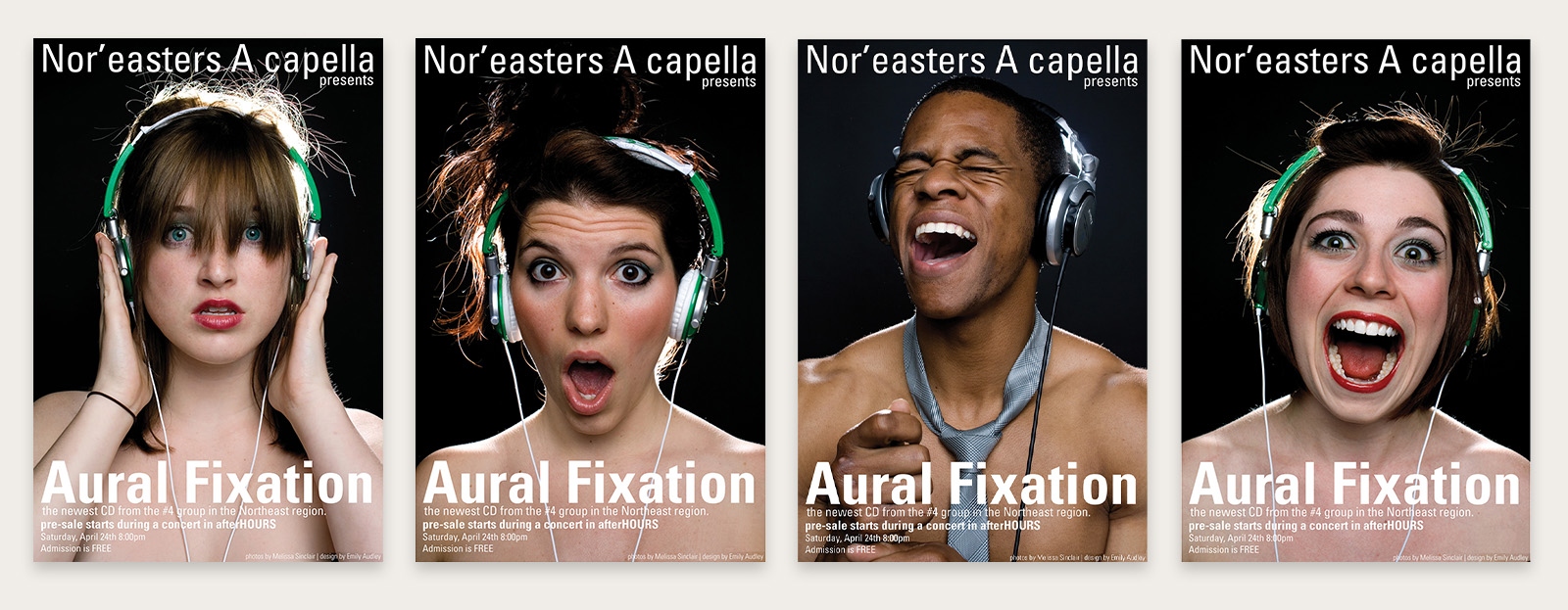 Four Nor'easters A Capella concert posters for the Aural Fixation album release — each featuring a different performer with headphones against a dark background