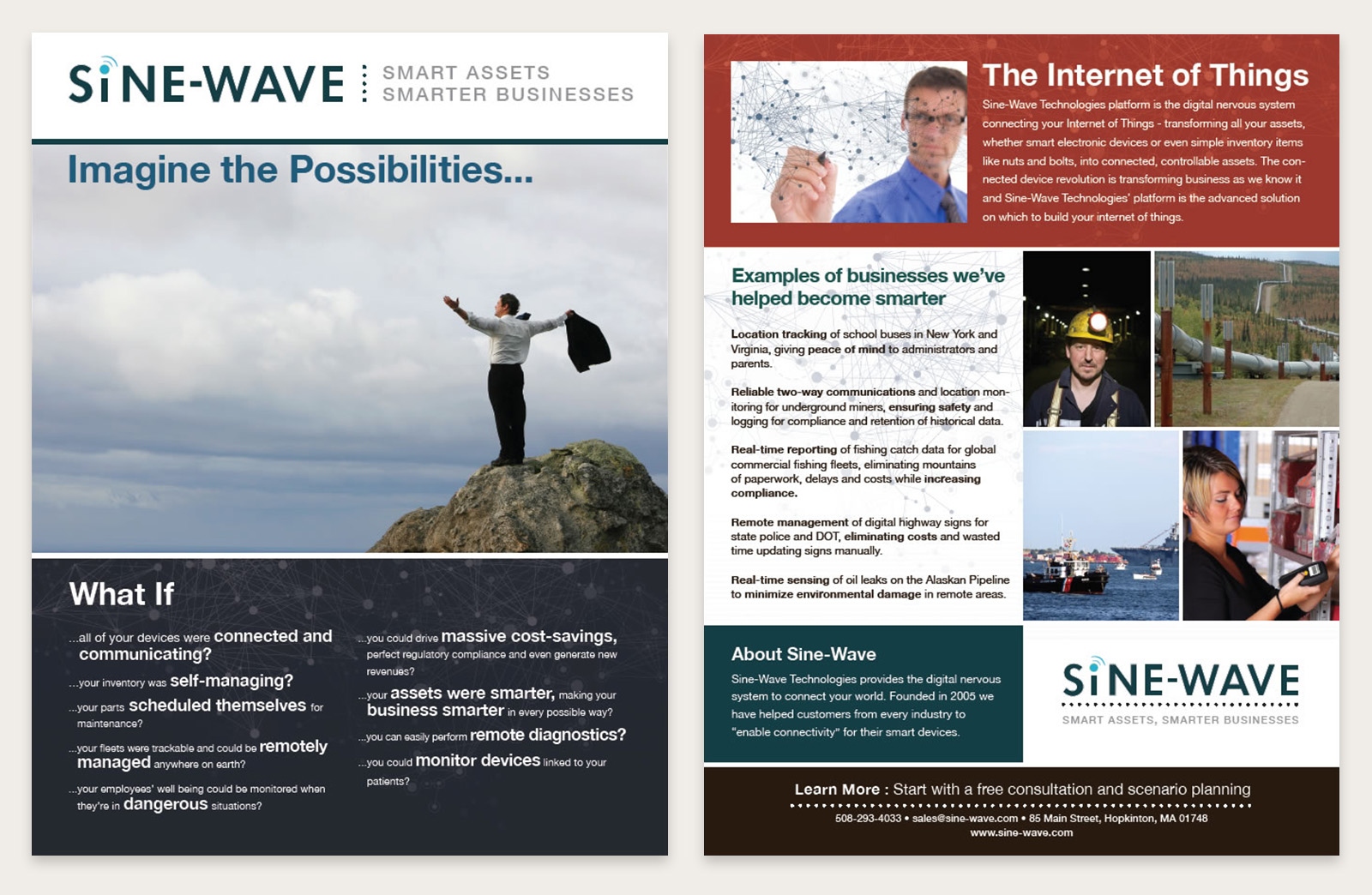 Sine-Wave Technologies two-sided one sheet: front with Imagine the Possibilities headline and IoT use cases, back with industry examples and About Sine-Wave section