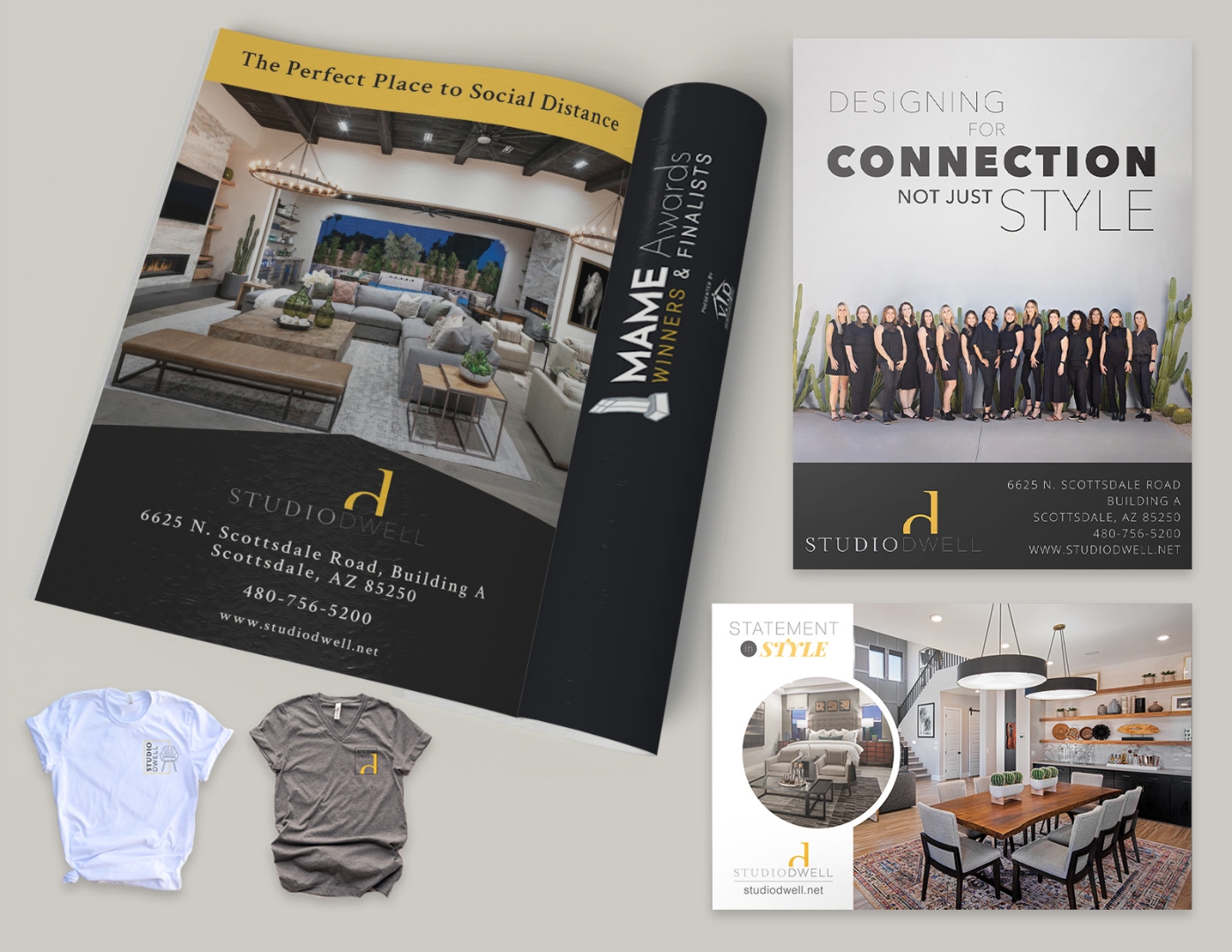 Studio Dwell print ads for the MAME Awards: magazine spread, team portrait ad, and branded apparel — print and digital placements