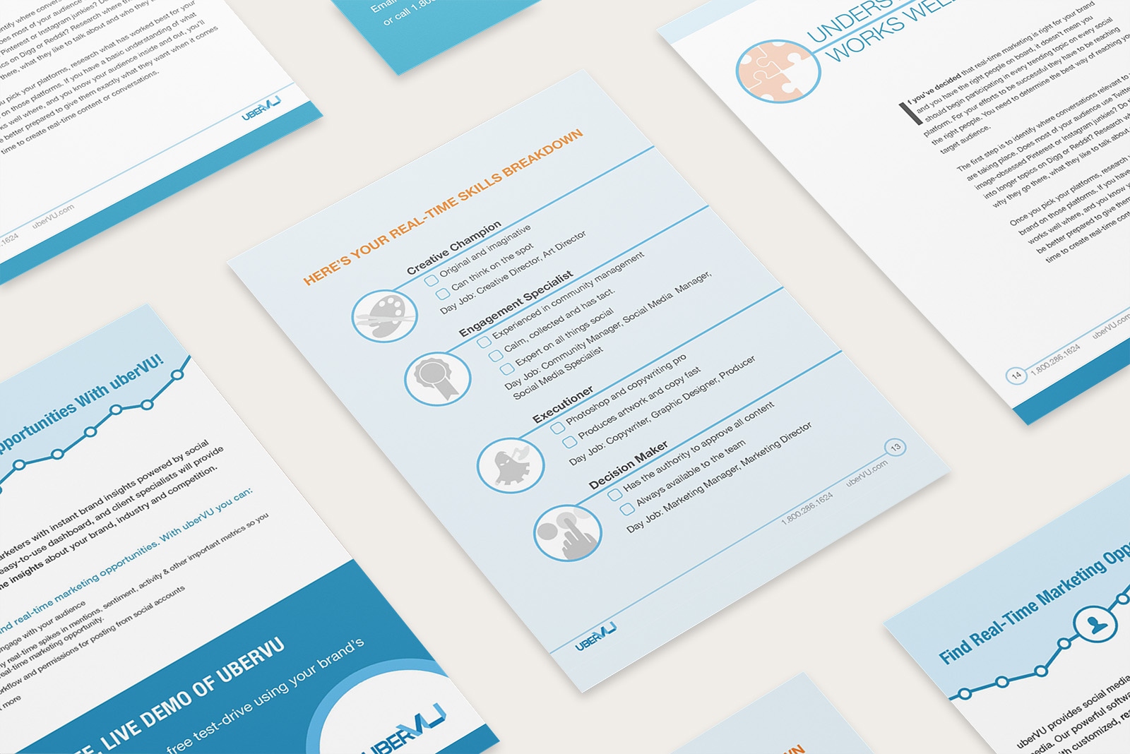 UberVu social media strategy white paper: multiple spreads fanned out showing clean blue-and-white layout with infographics and a real-time skills breakdown chart