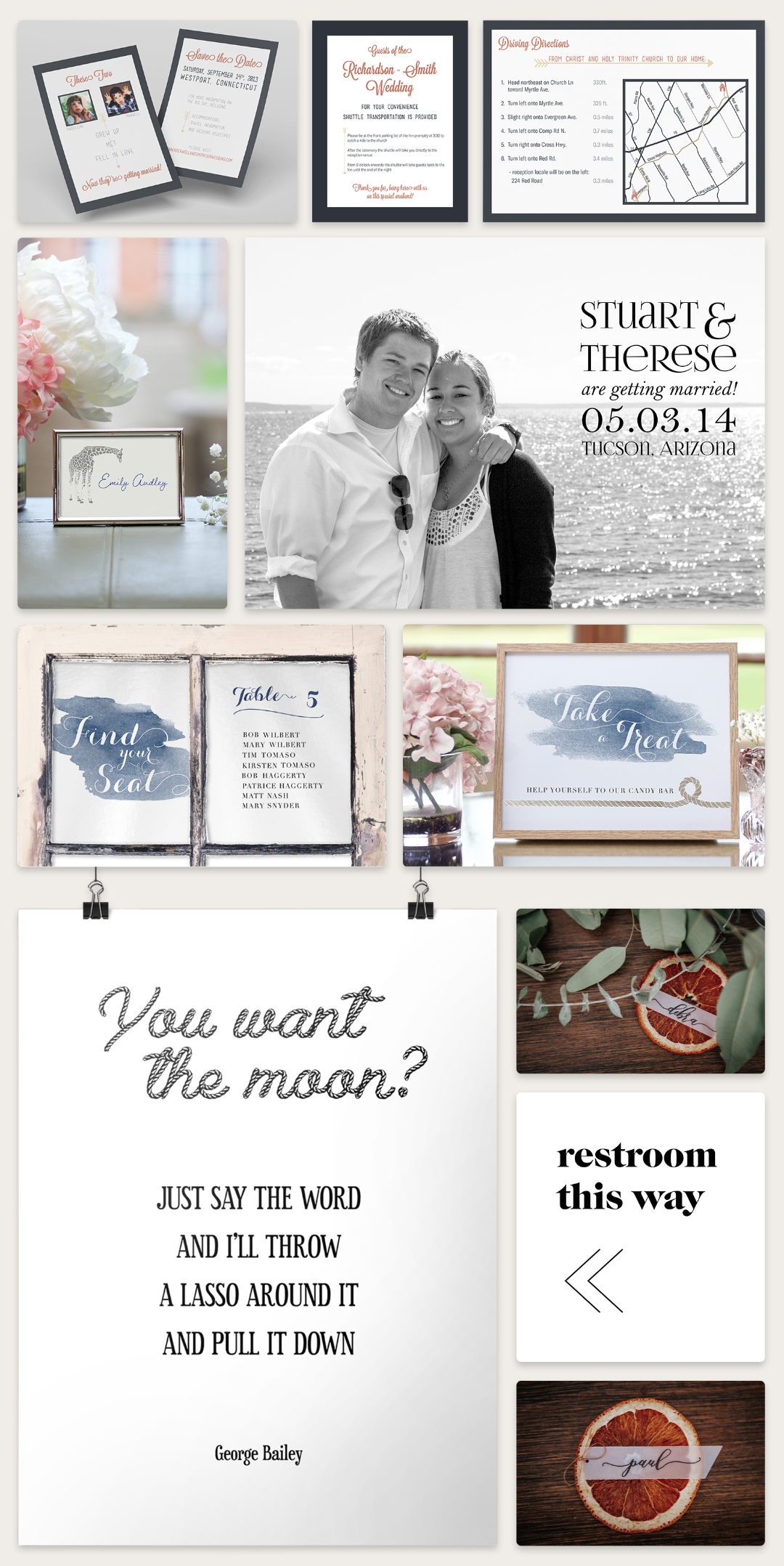 Wedding print work: save-the-dates, invitation suite with driving directions, seating chart displayed in a vintage window frame, candy bar signage, quote print, and hand-lettered place card details